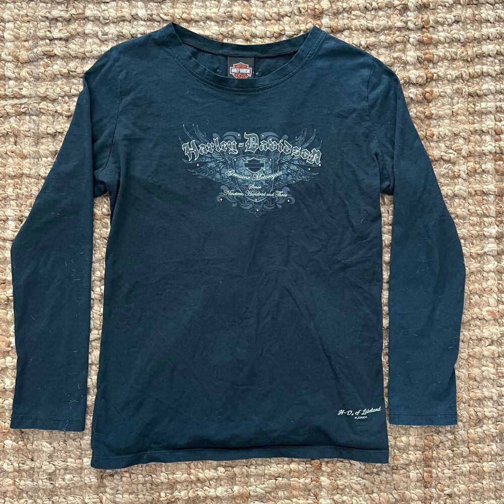 Harley Davidson Womens XL Y2K Grunge Motor Lace Up Graphic Long Sleeve Tee
